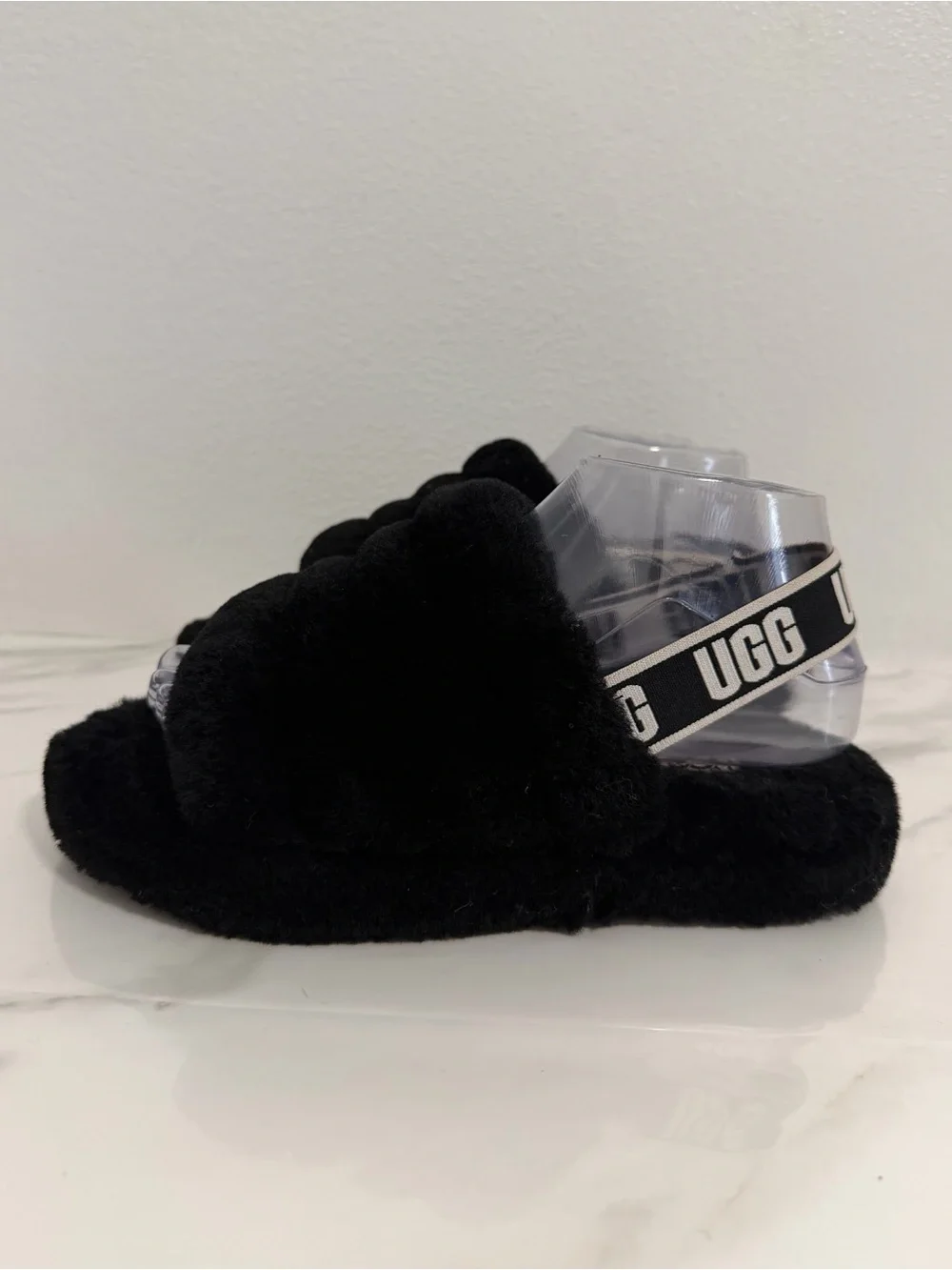 Ugg Fluff Yeah slide slippers black logo strap size 4